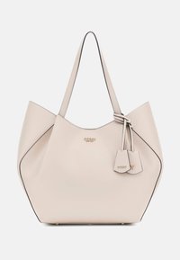 Borsa in pelle beige chiaro con forma arrotondata, bordi neri a contrasto, due manici e dettagli in oro con logo. Presenta un'etichetta decorativa.