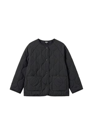 Veste noire matelassée avec col rond, fermeture par boutons-pression, manches longues et deux poches plaquées devant.