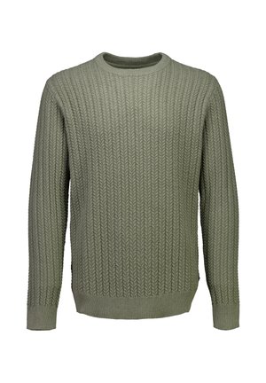 Langärmliger olivgrüner Strickpullover mit einem strukturierten, vertikalen Zopfmuster sowie gerippten Bündchen und Saum.