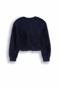 Granatowy, puszysty sweter o kroju krótkim, z długimi rękawami i żebrowanym dekoltem. Miękka faktura z objętościowym wyglądem.