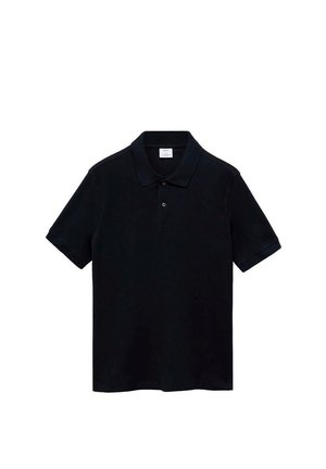 Polo noir en coton. Il présente un col classique, des manches courtes, deux boutons et un ourlet droit, avec une texture lisse.