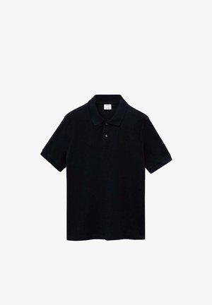 Zwarte polo-shirt van katoen. Heeft een klassieke kraag, korte mouwen, twee knopen en een rechte zoom, met een gladde textuur.