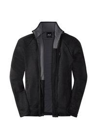 Zwarte jas met ritssluiting, grijze binnenkant, gestructureerde stof en lange mouwen. Heeft een hoge kraag en zijzakken, ontworpen voor actief gebruik.