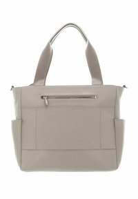 Sac cabas synthétique beige avec doubles poignées, forme rectangulaire, poche zippée à l'avant, deux poches latérales et texture lisse.