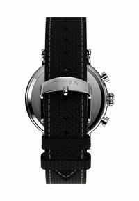 Black chronograph watch with a textured strap, stainless steel case, and silver accents. Features a buckle closure and three sub-dials.