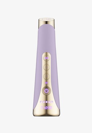 Purple and gold handheld device with a smooth surface, multiple buttons, LED indicators, and a rounded top, designed for skin treatment.