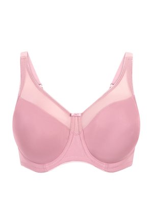 Sanfter rosa Vollschalen-BH mit Bügel, glatten geformten Cups, transparenten oberen Einsätzen, verstellbaren Trägern und einer kleinen vorderen Schleifendetail.