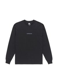 Black long-sleeve t-shirt made of cotton, featuring a blue "Quiksilver" logo centered on the chest. Round neck and soft texture.