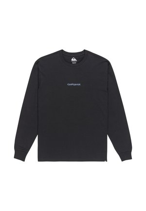 Black long-sleeve t-shirt made of cotton, featuring a blue "Quiksilver" logo centered on the chest. Round neck and soft texture.