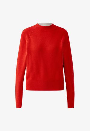 Bright red long-sleeve knit sweater with a crew neck, ribbed texture, and a slightly loose fit on a white background.