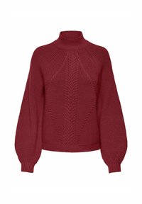 Rode gebreide trui met een hoge ribbelkraag en volumineuze mouwen. Bevat kabelbreipatronen en een zoom die op de taille zit.