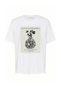 White cotton t-shirt featuring a graphic print of a vase with flowers, black and green accents, and “FLEUR GRAPHIQUE PAPER ART EDITION” text.