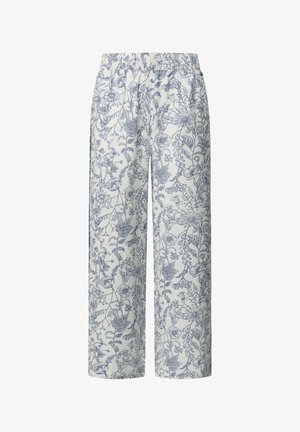 Pantalons larges à motif floral en tissu léger ; dotés d'une taille élastique et d'un design botanique bleu sur fond crème.
