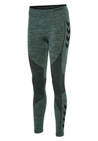 Zielone legginsy sportowe z teksturowanym wzorem, z czarnymi akcentami oraz logo na pasie. Wygięte elementy ozdobne po bokach.