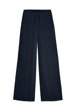 Pantalones de pierna ancha en tejido azul marino oscuro, con una cinturilla ajustable, textura suave y un aspecto limpio y ajustado, sin bolsillos.