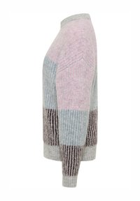 Maglione lavorato a maglia con scollo rotondo, caratterizzato da un design a blocchi di colore in rosa, blu, grigio e marrone, con una consistenza a coste verticali.