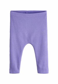 Leggings pour bébé violets à côtes douces avec une bande élastique simple à la taille et des jambes droites, posés à plat sur un fond blanc.