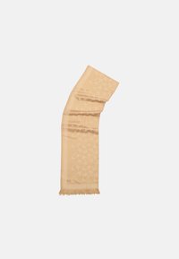 Beige scarf featuring a subtle pattern, rectangular shape, fringed edges, and smooth texture, designed for versatility and warmth.