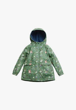 Chaqueta impermeable verde con capucha, con un colorido patrón de dibujos animados. Mangas largas, dos bolsillos frontales y un suave forro azul.