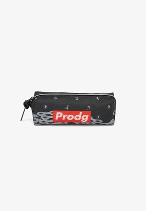 Trousse en tissu noir avec une fermeture éclair, dotée d'un logo rouge "Prodg" et d'un motif de petits graphiques de bicyclettes et de trottinettes.