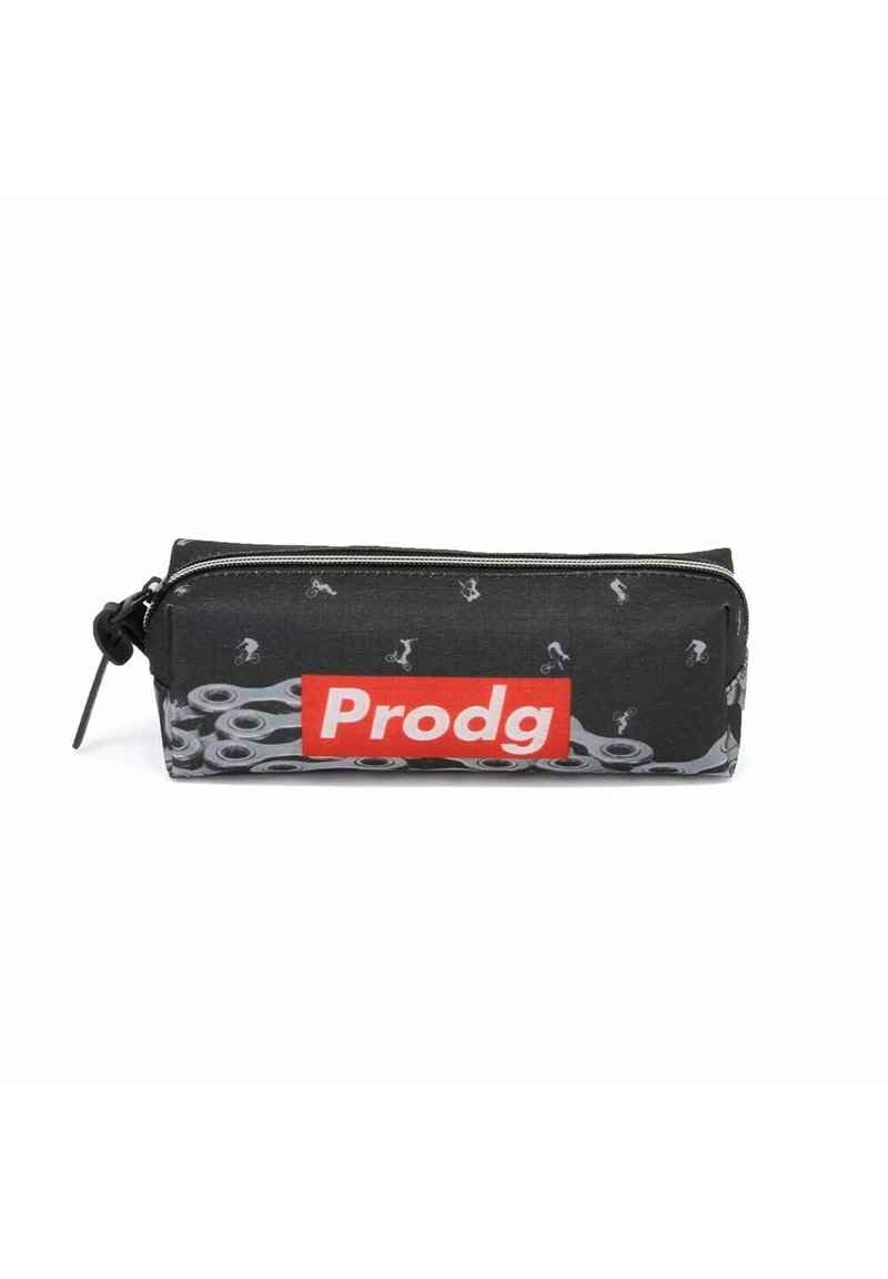Trousse en tissu noir avec une fermeture éclair, dotée d'un logo rouge "Prodg" et d'un motif de petits graphiques de bicyclettes et de trottinettes.