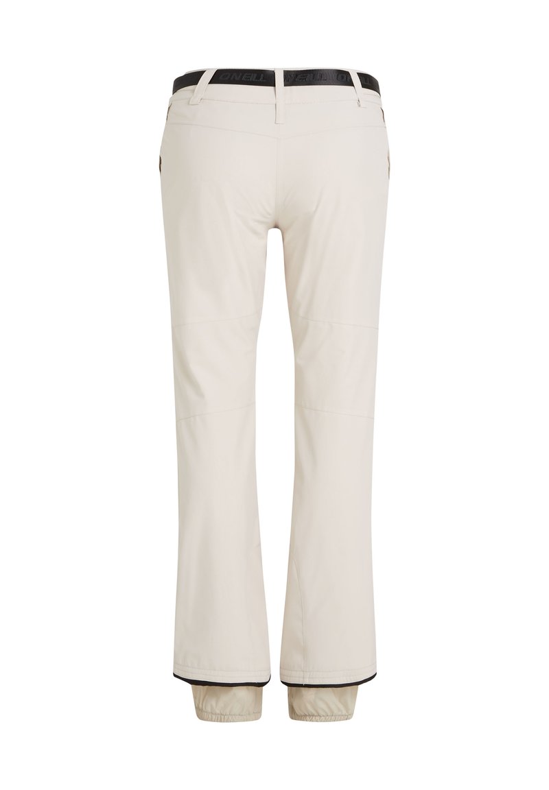 Pantalones de esquí beige con una cinturilla elástica negra y bolsillos con cremallera. Presentan puños en los tobillos con elasticidad para un ajuste ceñido y costuras reforzadas.