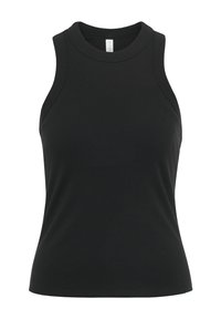 Schwarzes, geripptes Tanktop mit einem hohen Ausschnitt und ärmellosem Design. Der Stoff ist weich mit einem leichten Stretch und sorgt für eine enganliegende Silhouette.