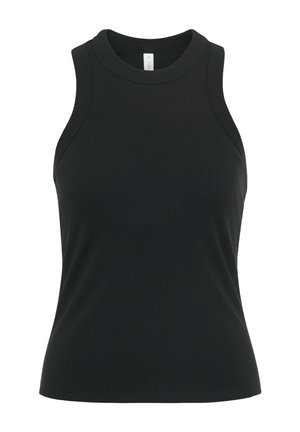 Schwarzes, geripptes Tanktop mit einem hohen Ausschnitt und ärmellosem Design. Der Stoff ist weich mit einem leichten Stretch und sorgt für eine enganliegende Silhouette.