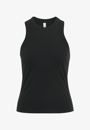 Schwarzes, geripptes Tanktop mit einem hohen Ausschnitt und ärmellosem Design. Der Stoff ist weich mit einem leichten Stretch und sorgt für eine enganliegende Silhouette.