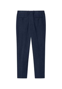 Pantaloni navy realizzati in tessuto misto lino. Design sartoriale con due tasche anteriori e due tasche posteriori, dotate di chiusure a bottone.