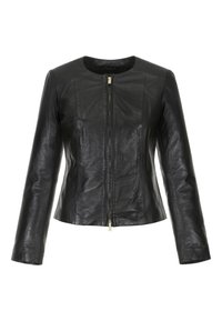 Czarna skórzana kurtka z długimi rękawami i zamkiem z przodu, z okrągłym dekoltem i dopasowaną sylwetką.