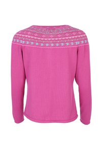 Pink long-sleeve sweater featuring a patterned yoke in light blue and purple, made of soft knit material, with a rounded neckline and slightly curved hem.