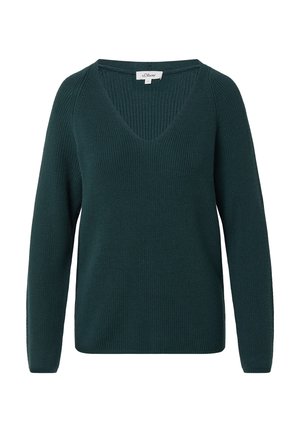 Suéter de punto de color verde oscuro con escote en V y mangas largas. Presenta un tejido texturizado y un corte holgado, ideal para llevar en capas.