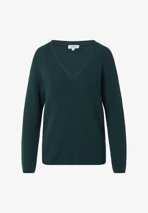 Ciemnozielony sweter dzianinowy z dekoltem w serek i długimi rękawami. Posiada fakturowany materiał i luźny krój, idealny do warstwowego noszenia.