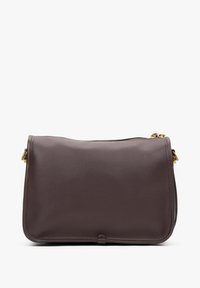 Brown leather crossbody bag with a smooth texture, gold hardware accents, and a zip closure. Features clean lines and a rectangular shape.