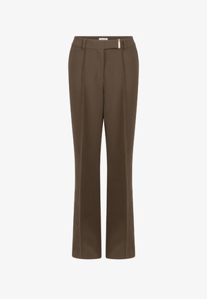 Brown tailored trousers with a straight leg, featuring pleats and a subtle gold accent on the waistband. Smooth fabric texture.
