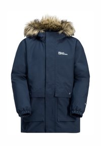 Parka blu navy con bordatura in pelliccia sintetica sul cappuccio, polsini elastici, zip frontale e due ampie tasche. Tessuto impermeabile.