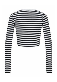Langermet crop topp med svart og hvit stripete design, tett passform, rund hals, ripet tekstur og synlige sømmer på skuldrene og sidene.
