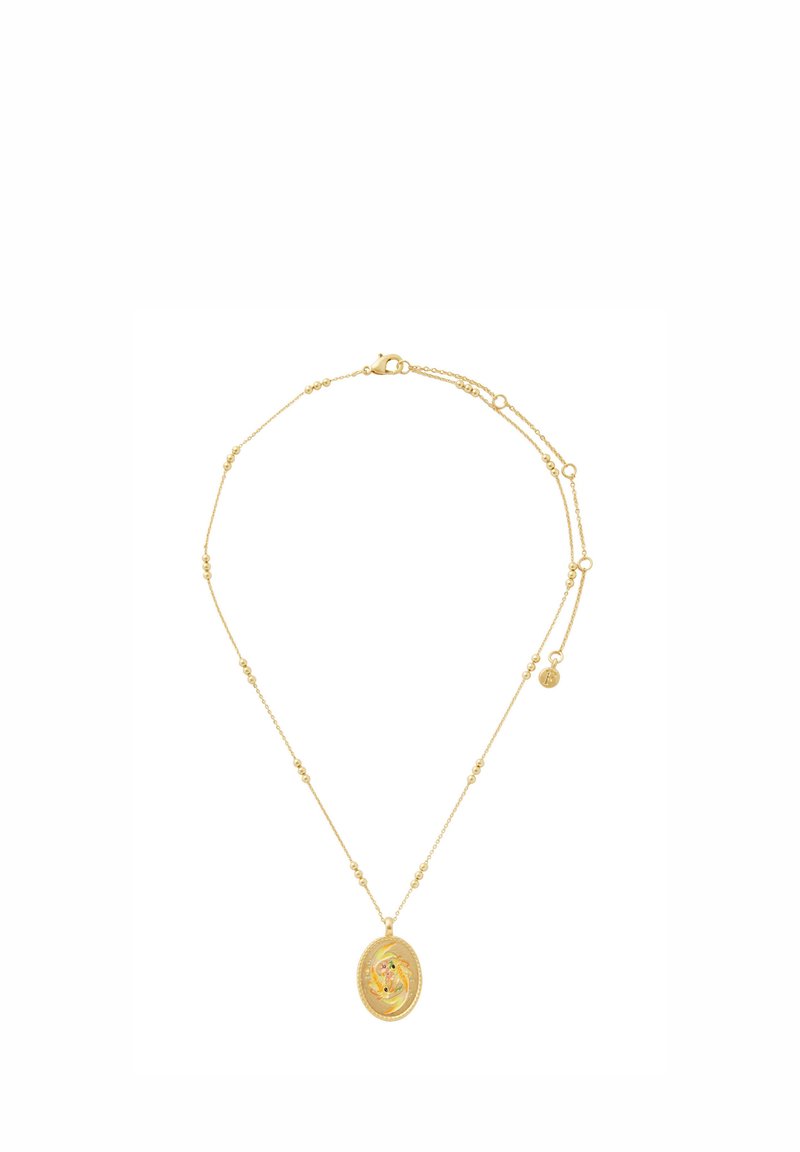 Hieno kultainen ketjukaulakoru, jossa pieniä helmiä ja soikea riipus monivärisellä kukkakuviolla sekä särki-suljenta.