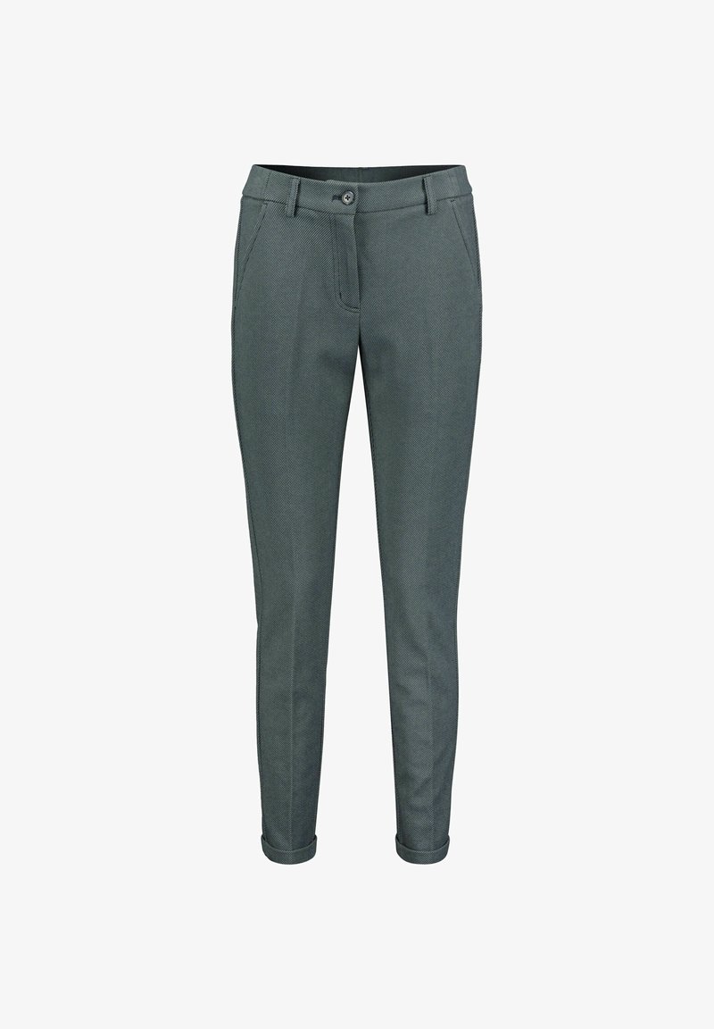 Pantalon slim gris foncé avec fermeture par bouton et zip, passants de ceinture, poches latérales et revers pliés aux chevilles.