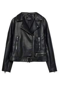 Musta tekonahkainen moottoripyörätyylinen takki, jossa on epäsymmetrinen vetoketju, kolme etu-taskua vetoketjulla, leveä kaulus ja vyöllä säädettävä vyötärö.