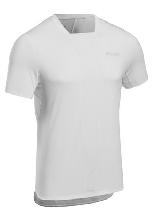 White short-sleeve athletic t-shirt featuring a textured panel down the center front, round neckline, and soft fabric finish.