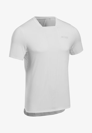 White short-sleeve athletic t-shirt featuring a textured panel down the center front, round neckline, and soft fabric finish.