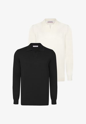 Kaks pikka varrukat polo särki: üks must ja üks valge. Pehme kudum, klassikaline krae nööbiga kaela juures, soonikkoes mansetid ja allääred.