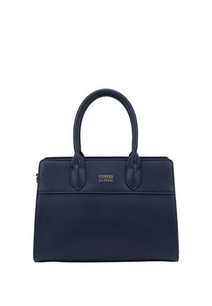 Borsa a mano rettangolare blu scuro con due manici e logo dorato "Coveri active" al centro frontale.