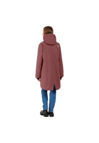 Long, hooded coat in muted mauve color, made of water-resistant fabric, featuring a vented back and subtle logo detail on the upper back.