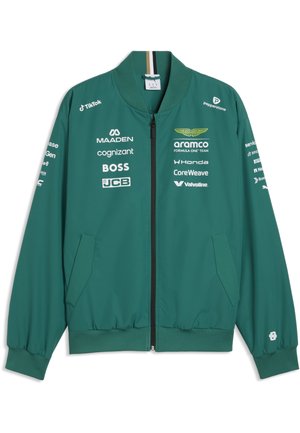 Grøn Aston Martin Aramco Formel 1 Team jakke med sponsorl ogotyper, frontlynlås og lommer, vist på en hvid baggrund.