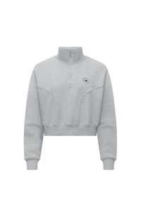 Sudadera recortada de color gris claro con cuello alto, cierre de media cremallera en el frente y sutil detalle de costura. Presenta un pequeño logo en el pecho.