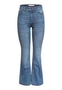 Siniset korkeavyötäröiset farkut, joissa on levenevät lahkeet, etupainike, vetoketju ja viisi taskua, esitelty valkoista taustaa vasten.