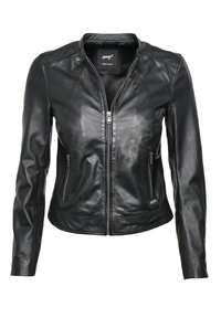 Černá kožená bunda s zipovým zapínáním, přiléhavým střihem, bočními kapsami a minimalistickým límcem. Hladká textura s jemnými švy.